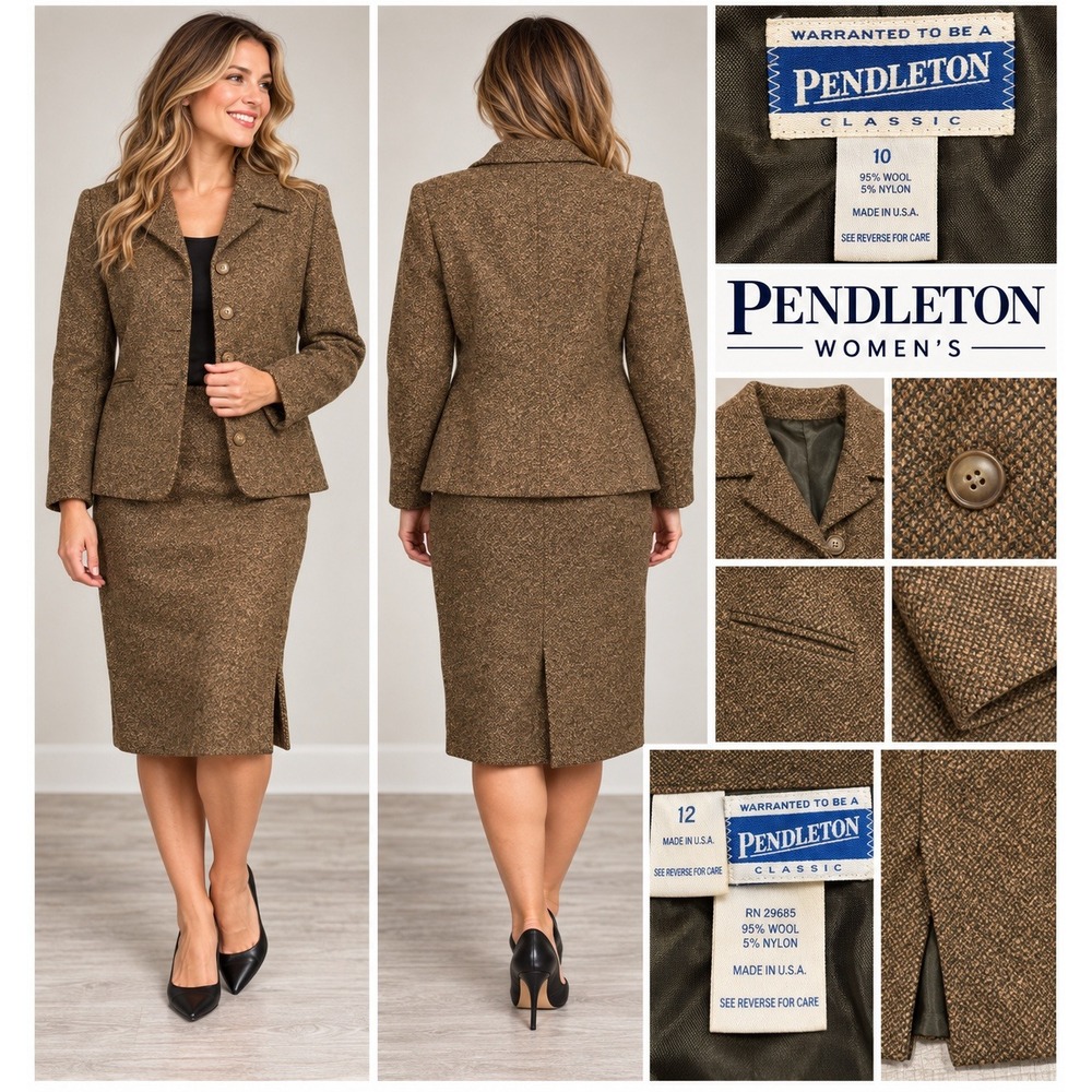 Pendleton Skirt Suit Women 10/12 Brown Old Money Dark Academia Wool Tweed Blazer